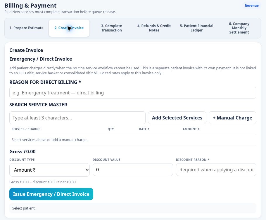 Actual HOSIQ demo invoice form with no selected patient, no charges and zero totals.