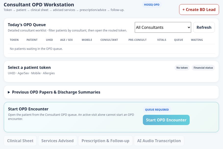 Actual HOSIQ demo OPD queue with no patients or selected token and inactive encounter controls.